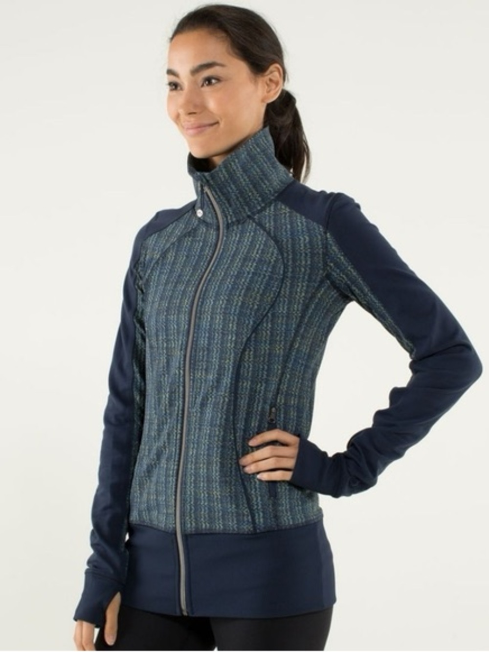 LULULEMON Asana Funnel Neck Jacket Navy Blue Green Zip-Front Like Define Size 10